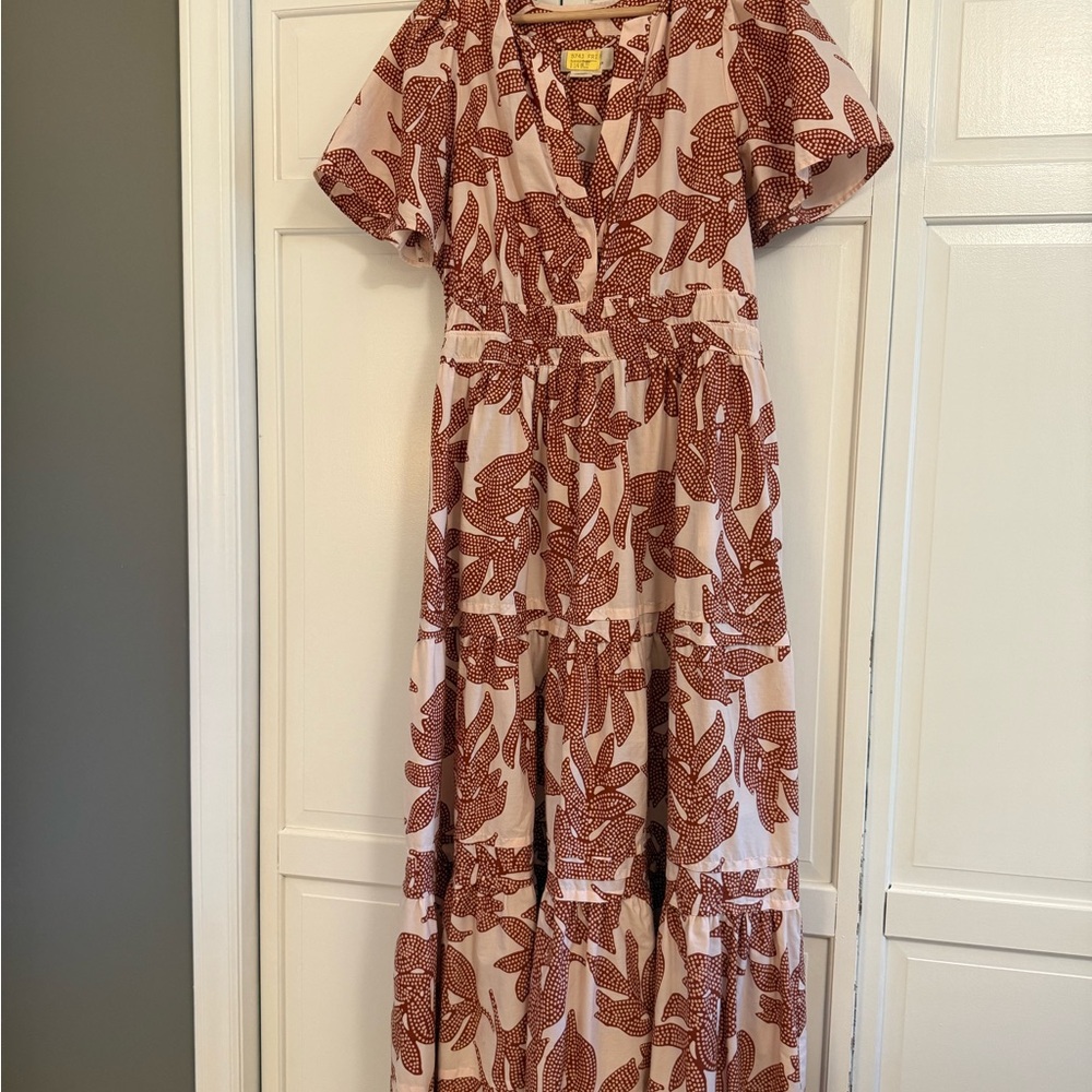 Anthropologie Somorset Maxi Dress with Leaf Pattern in Pink and Brown